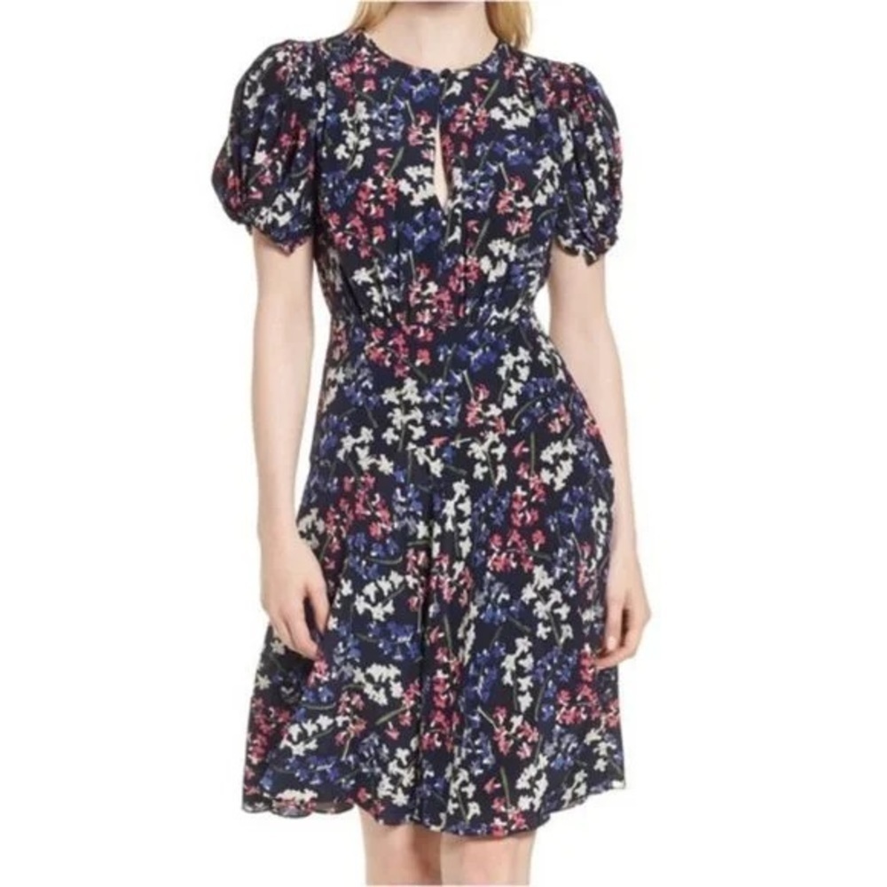 NWT Lewit Keyhole Puff Sleeve 100% Silk A-Line Dress Knee Length Navy Blue Dress